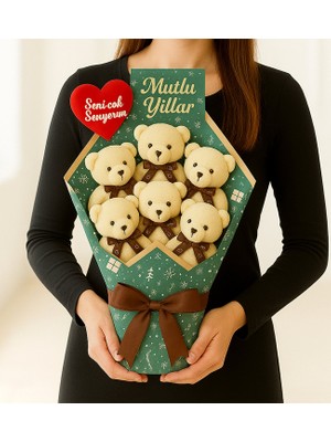 Giftstime Kişiye Özel "seni Çok Seviyorum" Kalp 5'li Sevimli Ayıcık Mutlu Yıllar Mesajlı Ayıcık Buketi