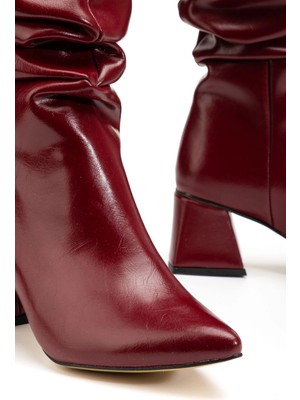SYT-2002 Bordo Kırışık Rugan Körüklü Kalın Topuklu Günlük Bayan Çizme