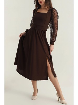 Modayız Kadın Kahverengi Krep Kumaş Kemerli Uzun Tül Kol Kare Yaka Midi Boy  Elbise 1C-4380