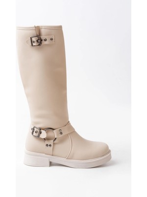02-312 Bej Toka Aksesuarlı Fermuarlı Günlük Kadın Çizme