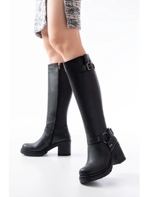 767-3005 Siyah Toka Aksesuarlı Fermuarlı Günlük Kalın Topuklu Kadın Bot
