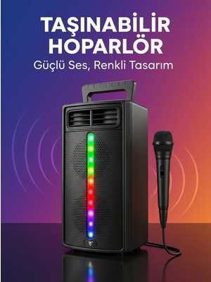 Neffo Premium Portatif Ses ve Mikrofon Sistemi – Renkli LED Işıklar, Kablosuz Özgürlük