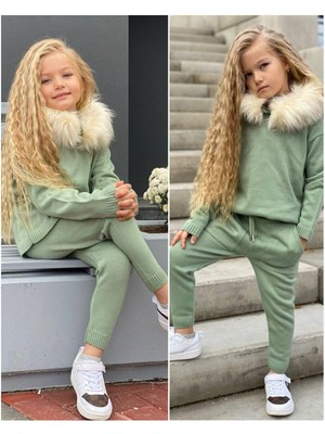 Kokoş Bebe Kız Çocuk Triko Kürklü 2’li Takım – 2/12 Yaş – Tak Çıkar Kürk Detaylı – Stok Kod: 31585