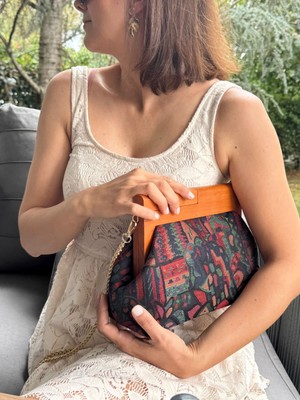 Jophiel Penalope Collection - Zincirli, Ahşap Burslu Kumaş Çanta, Clutch, El Çantası, Çanta