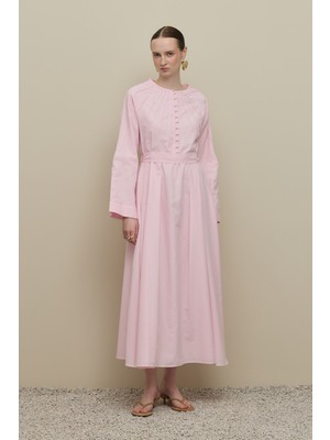 Fahhar Ince Nervürlü Vual Elbise Pembe
