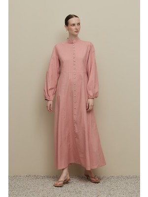 Fahhar Britli Lyocell Keten Elbise Pembe