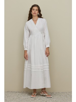 Fahhar Nervürlü Keten Elbise Beyaz