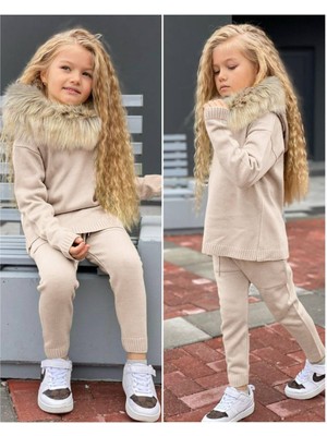 Kokoş Bebe Kız Çocuk Triko Kürklü 2’li Takım – 2/12 Yaş – Tak Çıkar Kürk Detaylı – Stok Kod: 31585