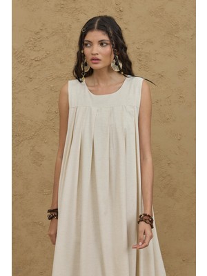 Fahhar Pileli Kalın Askılı Elbise Naturel