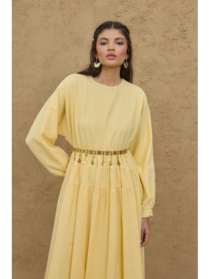 Fahhar Çift Büzgülü Bürümcük Elbise Sarı