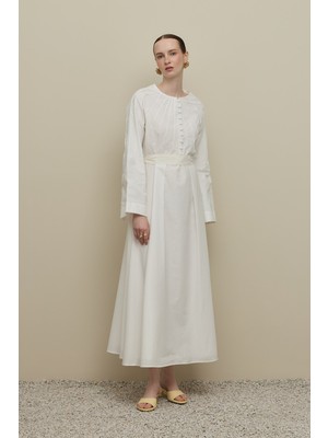 Fahhar Ince Nervürlü Vual Elbise Ekru