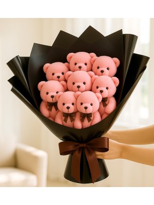 Giftstime Siyah Buket Içinde 7 Adet Pembe Ayıcık Buketi   Hediyelik Peluş Ayı Buketi