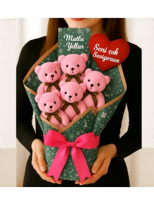 Giftstime Yılbaşı Özel 5'li Sevimli Yeni Yıl Buketi Ayıcık Buketi 5'li Fotoğraflı Pembe Ayıcık ve Büyük Kurdeleli