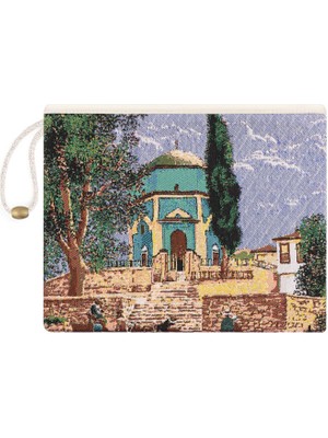 Bursa İpek Yeşil Türbe Desen Goblen El Çantası