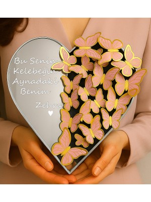 Giftstime Kişiye Özel Isim Yazılı Kelebek Buketi Kalp Kutulu Ayna-Pleksi  Kutusu Sevgiliye Hediye