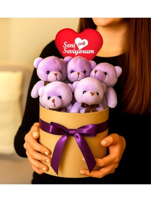 Giftstime Mor Renk Ayıcık Buketi  5 Adet Mor Kurdeleli Ayıcık Kutusu Hediye Kutusu   Mor Ayıcık Kutusu  Seti