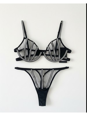 Reyn Siyah Tül ve Işıltılı Şeritli Dekolte Sütyen ve Tanga Takımı