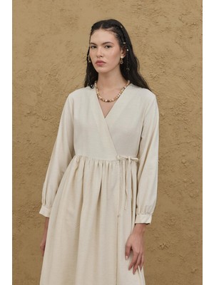 Fahhar Nervürlü Keten Elbise Naturel