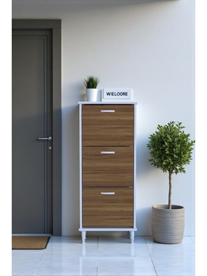 Eliusta Nefes Ayaklı 52 cm Ayakkabılık Kapı Önü/antre 3 Düşer Kapaklı Ceviz 52X127X26 cm  Ayakkabılık