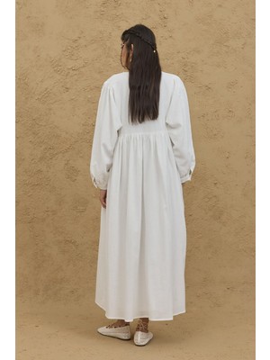 Fahhar Geniş Kollu Bürümcük Elbise Ekru