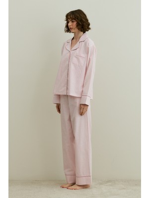 Fahhar Çizgili Dokuma Pijama Takım Pembe