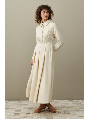 Fahhar Pens Detaylı Elbise Bej