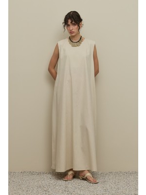 Fahhar Kalın Askılı Basic Keten Elbise Taş