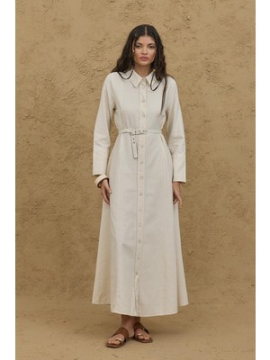 Fahhar Ketenli Gömlek Elbise Naturel