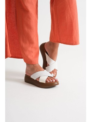 Trendella Fayn Beyaz Hakiki Deri Terlik