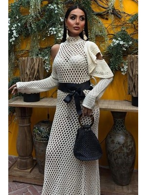 Saten Kuşaklı Ajurlu Triko Elbise 2847