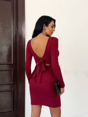 TRENDHAZAN Uzun Kollu Geniş Sırt Dekolteli Bağlama Detaylı Kaşkorse Kumaş Elbise