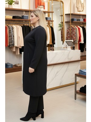 Laden Kadın Triko Mevsimlik Orta Kalınlıkta Çelik Örgü Büyük Beden Fermuarlı Kap Uzun Siyah Anne Hırka