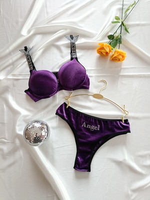 Jupiel Angel Kadife Taşlı Dolgulu Sütyen Kadın Fantezi Iç Giyim Külot Set