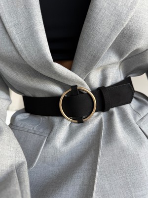 Fiori Siyah Süet Halka Gold Tokalı Kadın Pantolon Kemeri Ceket Kemeri Elbise Kemeri Gömlek Kemeri