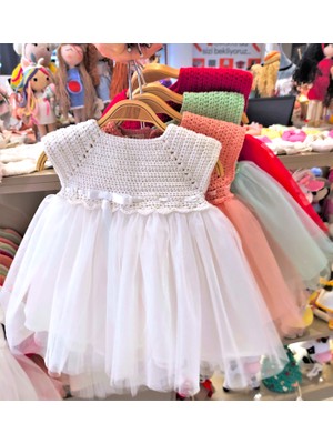 Pacco Baby El Örgüsü %100 Pamuk Ekru Kolsuz Tütü Elbise