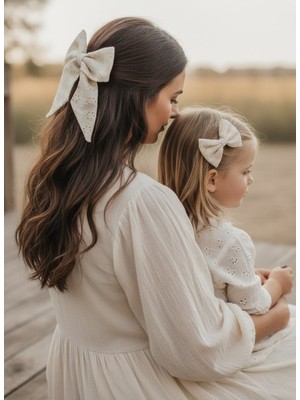 Krem Fisto El Yapımı Anne Kız Klasik Otomatik Fiyonk Toka Özel Tasarım, Kına Nikah Kadin Toka