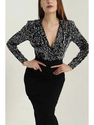 Modayız Kadın Siyah Kruvaze Yaka Uzun Kol Payetli Midi Boy Gece Elbise 1C-4378