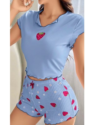 Beruflic Kadın Çilek Desenli Bebe Mavi Seksi Gecelik Takım 6638
