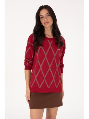 U.S. Polo Assn. Kadın Koyu Frambuaz Baklava Desenli Bisiklet Yaka Kazak 50310063-VR104