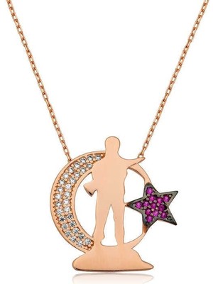 Özcömert Silver Gümüş Rose Ay Yıldız Asker Bayan Kolye