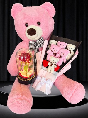 Özbience Sevgiliye Pembe Ayıcık ve Güllü Fanus Çiçek Hediye Seti