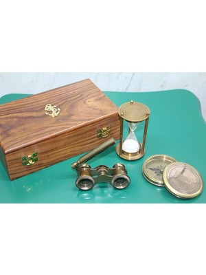 NessiWorld Ahşap Kutulu Pirinç Pusula, Kum Saati, Dürbün Seti