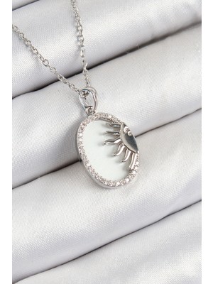 Dktt 316L Çelik Zirkon Taşlı Yarım Güneş Model Gümüş Renk Kadın Kolye - TJ-BKO10344