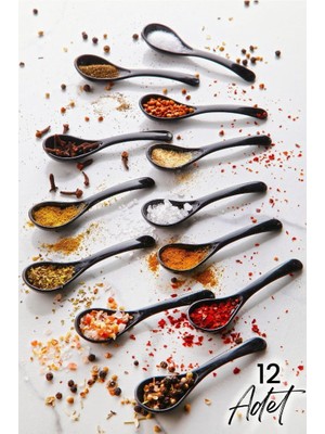 12 Adet Siyah Servis ve Baharat Kaşığı - Kahvaltılık Bal Kaşığı Şeker Reçel Servis Kaşığı