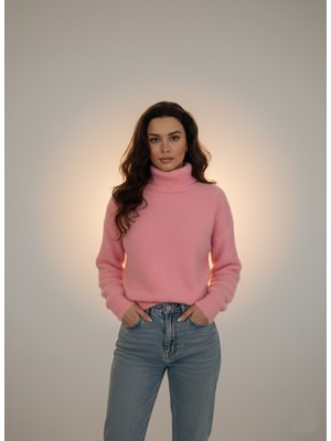 Kadın Tüylü Dokulu Yumuşak Boğazlı Kazak – Oversize Rahat Kesim, Pembe/mavi