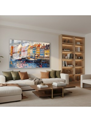 Tablonhazır Yatay Cam Tablo Salon Duvar Tablosu Yatay Cam Renkli Binalar Nehir Yeni Ev Hediyesi Ofis Tablosu