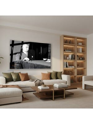 Tablonhazır Yatay Cam Tablo Salon Duvar Tablosu Yatay Cam Ataturk Masada Otururken Yeni Ev Hediyesi Ofis Tablosu