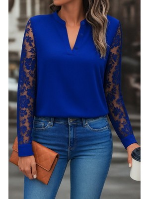 Egecen Kadın Uzun Kollu Yaka Düğme Detay Güpürlü Kol Krep Bluz