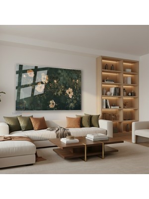 Tablonhazır Yatay Cam Tablo Salon Duvar Tablosu Yatay Cam Yesil ve Cicekler Yeni Ev Hediyesi Ofis Tablosu