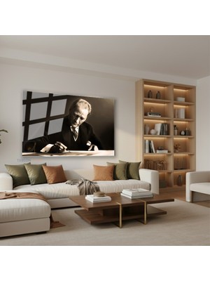 Tablonhazır Yatay Cam Tablo Salon Duvar Tablosu Yatay Cam Ataturk Yazi Yazarken Yeni Ev Hediyesi Ofis Tablosu